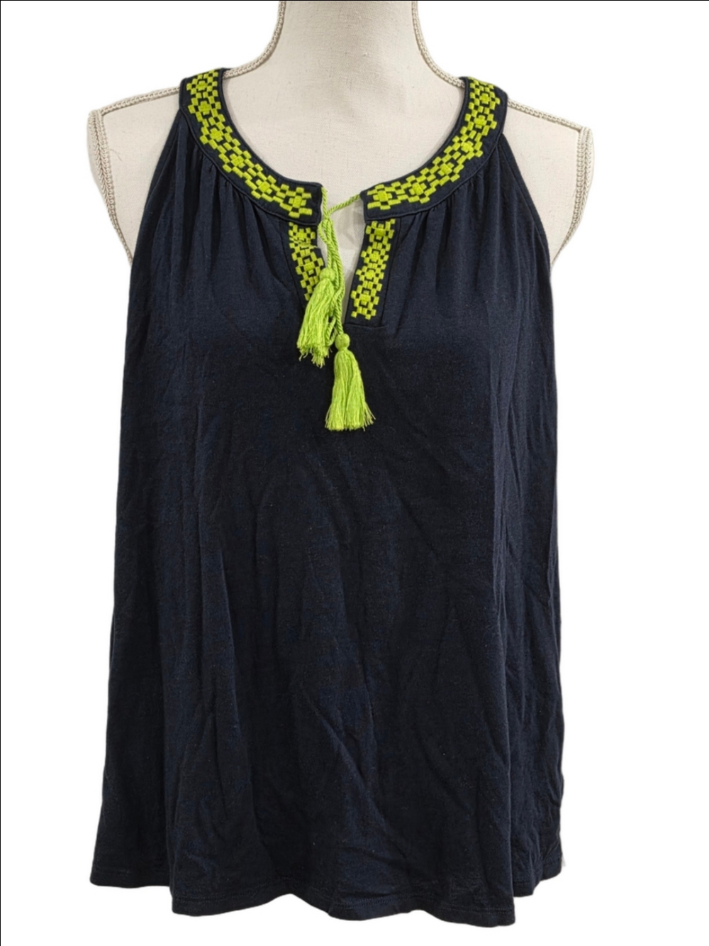 STYLUS Navy Tank with Neon Lime Tassel Trim